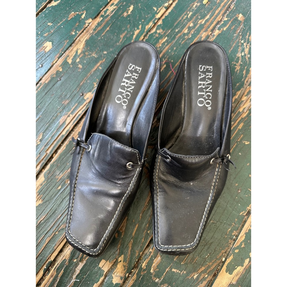 Franco Sarto Black Leather Square Toe Mule Heels Contrast Stitch 6.5M 35971